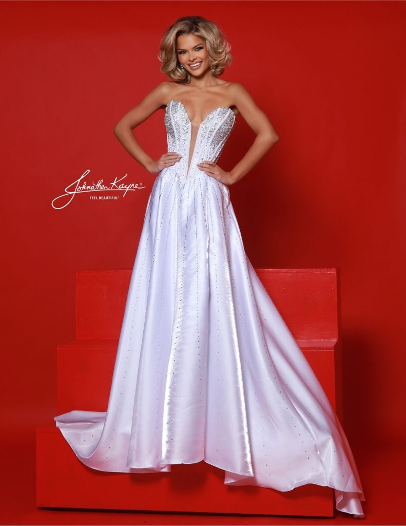 White strapless ball gown, white prom dress with slit, white crystal corset gown, white mirror organza gown, white A-line formal dress, Johnathan Kayne 3116 dress, strapless mirror organza ball gown, plunging sweetheart neckline gown, crystal-encrusted corset bodice dress, A-line gown with thigh-high slit, formal dress with pockets, designer prom dress 2025, pageant evening gown, elegant strapless formal dress